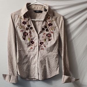 Vintage Fitted Express Black and White Striped Floral Embroidered Shirt